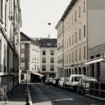 a black and white photo of a city street